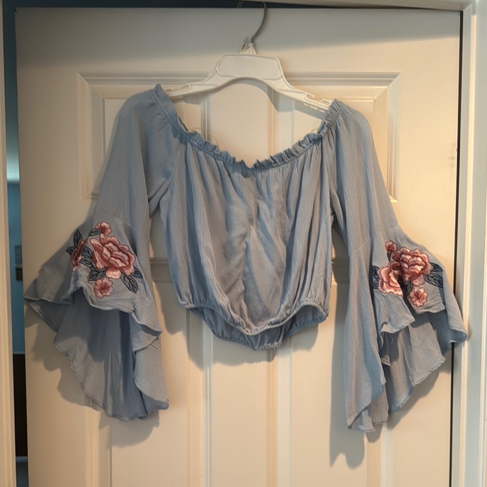 Blue Ruffled Crop Blouse with Bell Sleeves